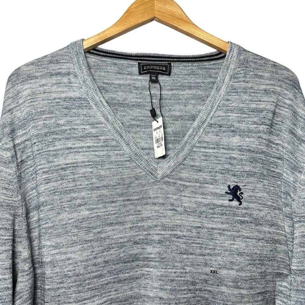 Express V-Neck Sweater Men's XXL Gray Marled Knit Minimal Preppy Workwear Modern - Picture 8 of 12